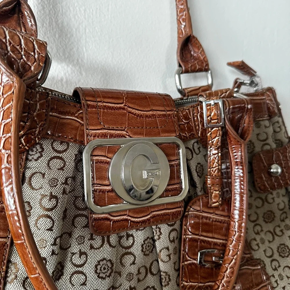 RARE Guess Monogram Canvas Brown Croc Embossed Bag Satchel‎ G Logo Buckle Y2K